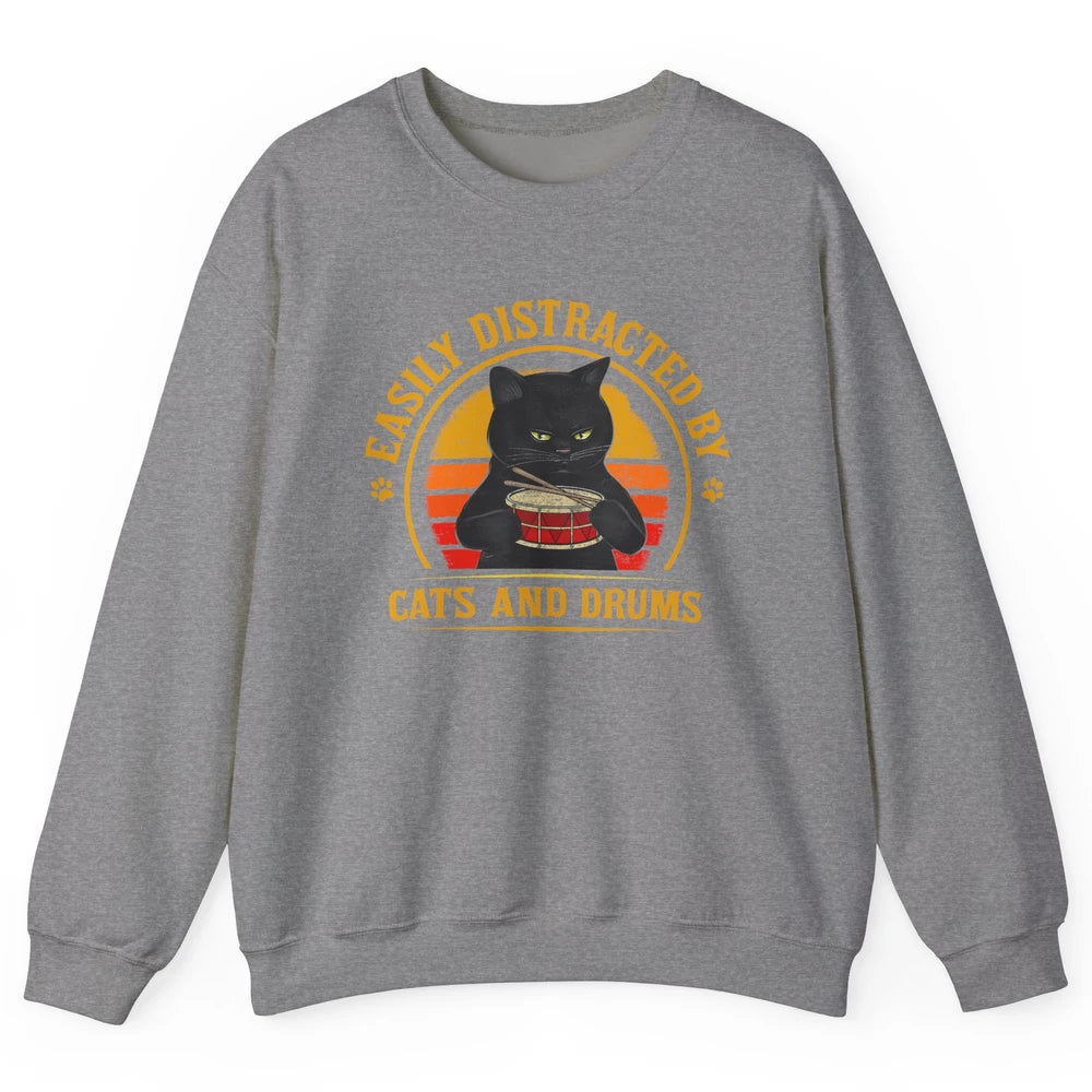 Vintage Black Cat Drummer Easily Distracted By Cat And Drums Unisex Crewneck Sweatshirt