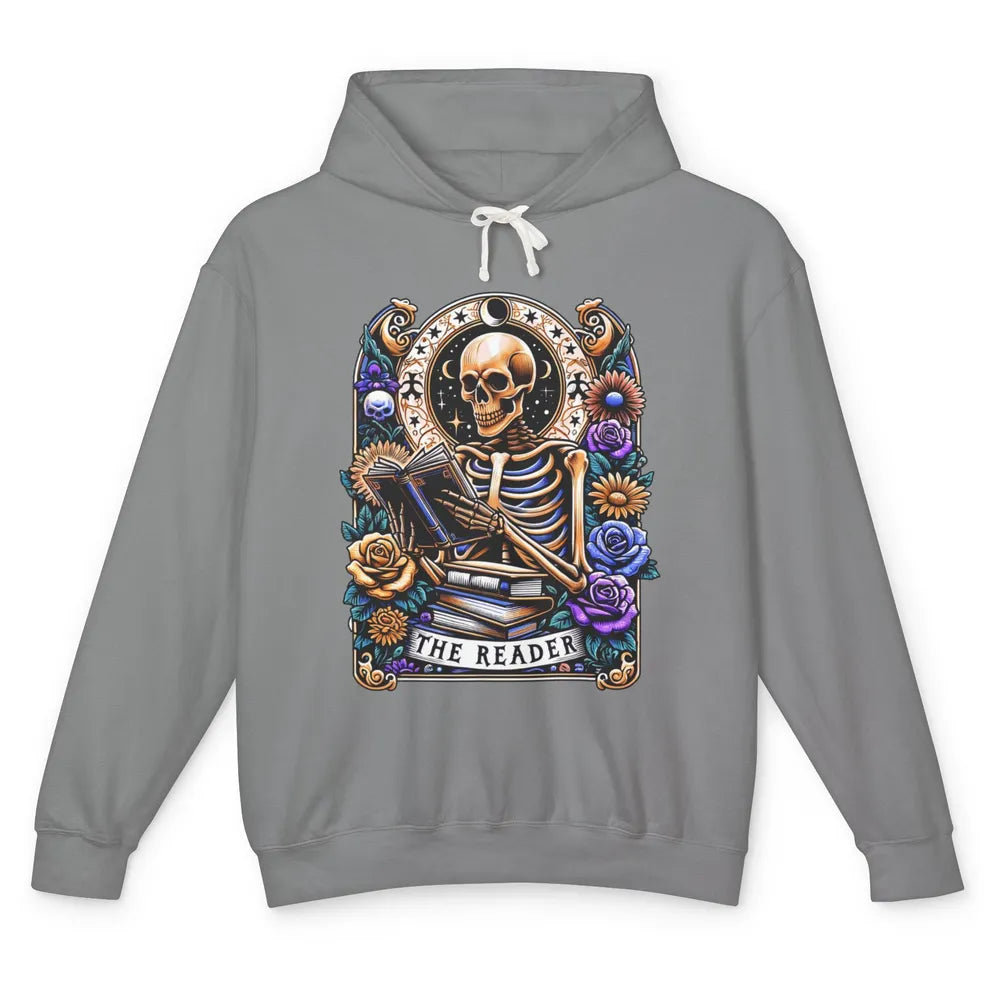 The Reader Tarot Card Halloween Reading Book Skeleton Floral Skull Bookish Bookworm Unisex Lightweight Hoodie