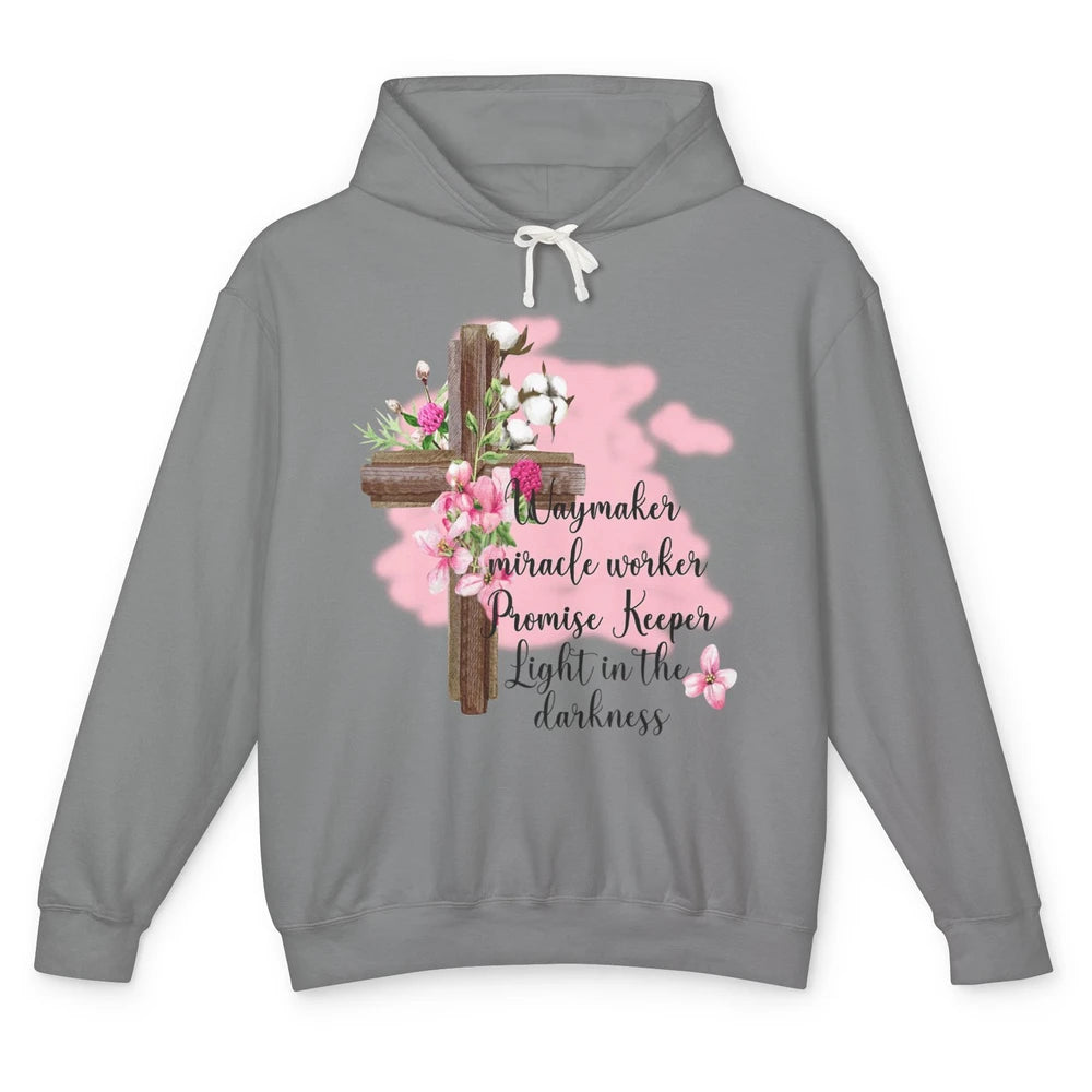 Jesus Floral Cross Waymaker Miracle Worker Faith Christian Unisex Lightweight Hoodie