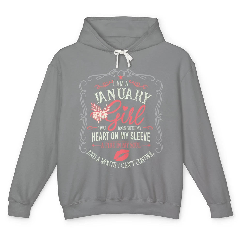 Retro January Girl Born With My Heart On My Sleeve Birthday Unisex Lightweight Hoodie