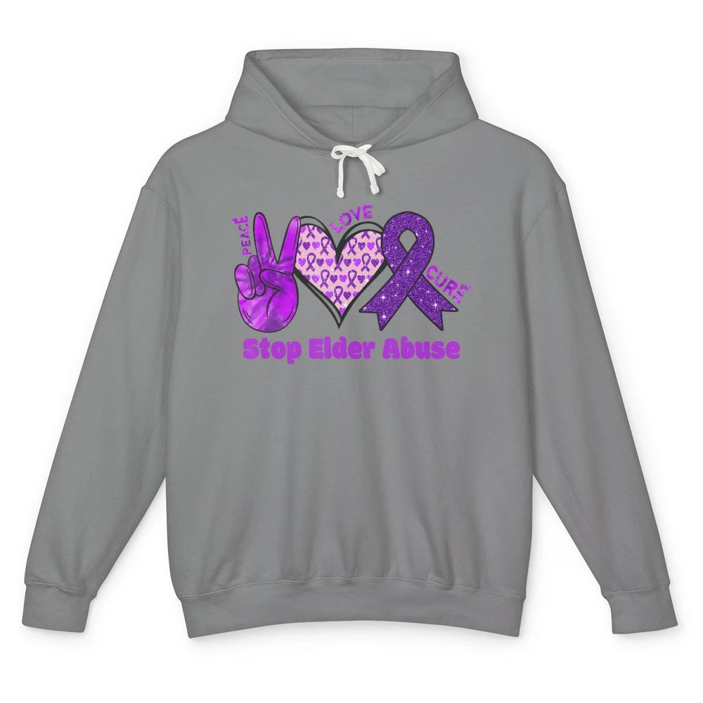 Peace Love Hope Heart Purple Ribbon Elder Abuse Awareness Unisex Lightweight Hoodie