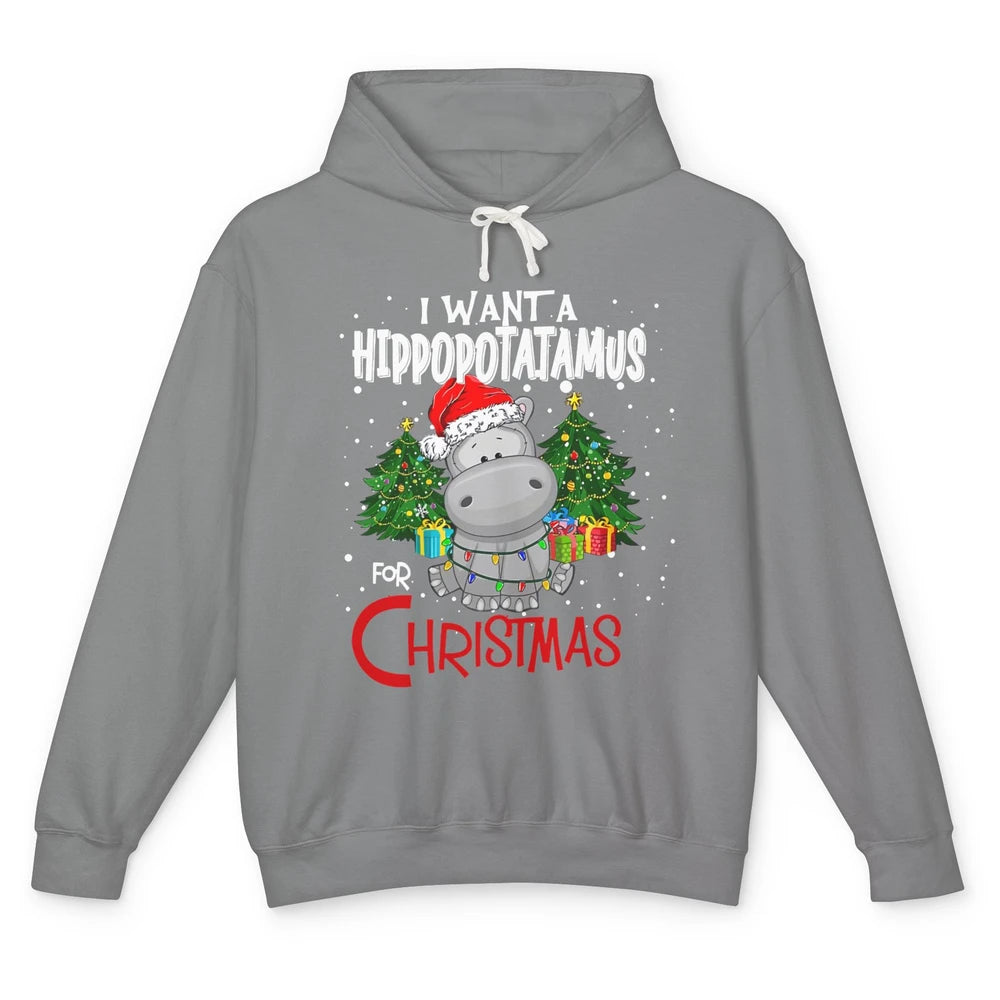 Funny I Want A Hippopotamus For Christmas Tree Hippo Santa Unisex Lightweight Hoodie