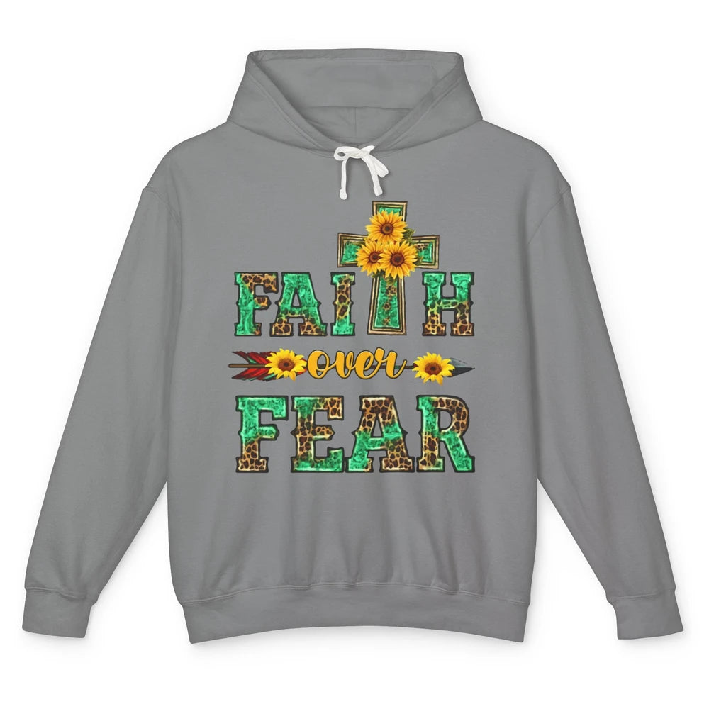 Leopard Sunflower Cross Faith Over Fear Christian Religious Unisex Lightweight Hoodie