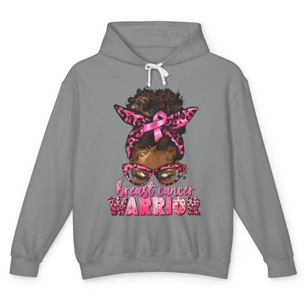 Afro Black Woman Breast Cancer Awareness Messy Bun Leopard Unisex Lightweight Hoodie