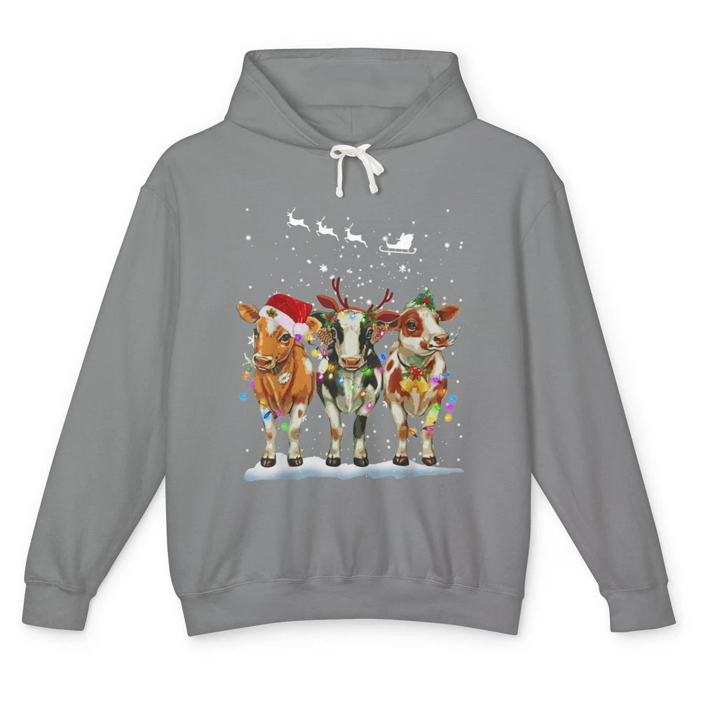 Funny Cow Christmas Lights Ugly Sweater Farm Xmas Gift Unisex Lightweight Hoodie