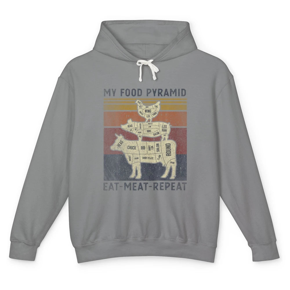 Vintage My Food Pyramid Eat Meat BBQ Lover Fast Food Retro Unisex Lightweight Hoodie