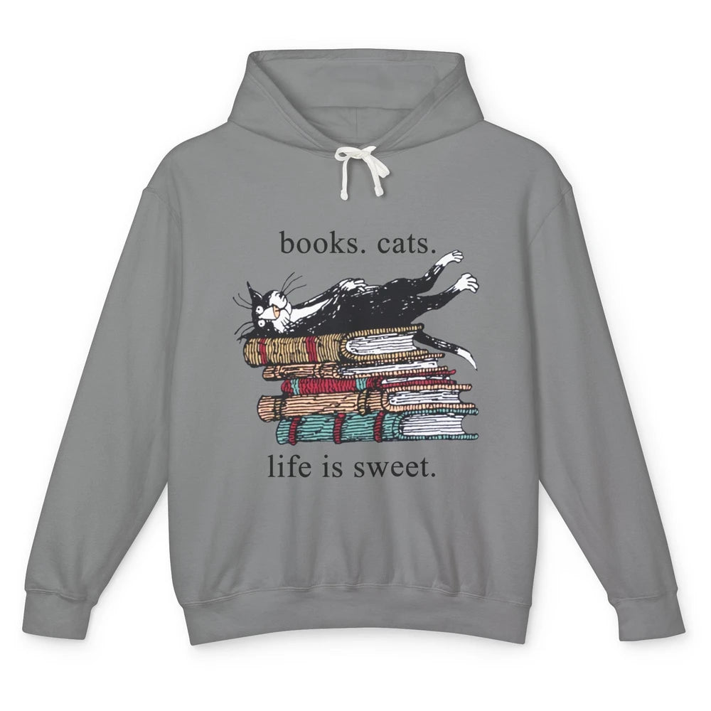 Books Cats Life Is Sweet Cat Book Lovers Reading Book Unisex Lightweight Hoodie