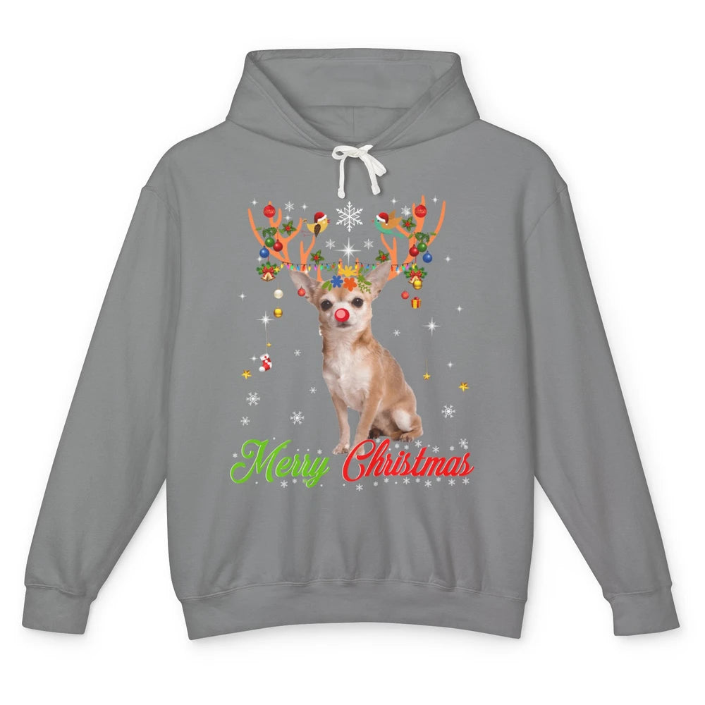 Merry Christmas Chihuahua Dog Santa Hat Xmas Reindeer Lights Unisex Lightweight Hoodie