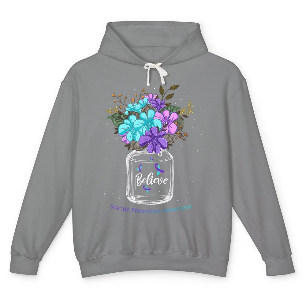 Cute Believe Flower Ribbon Support Suicide Prevention Month Unisex Lightweight Hoodie