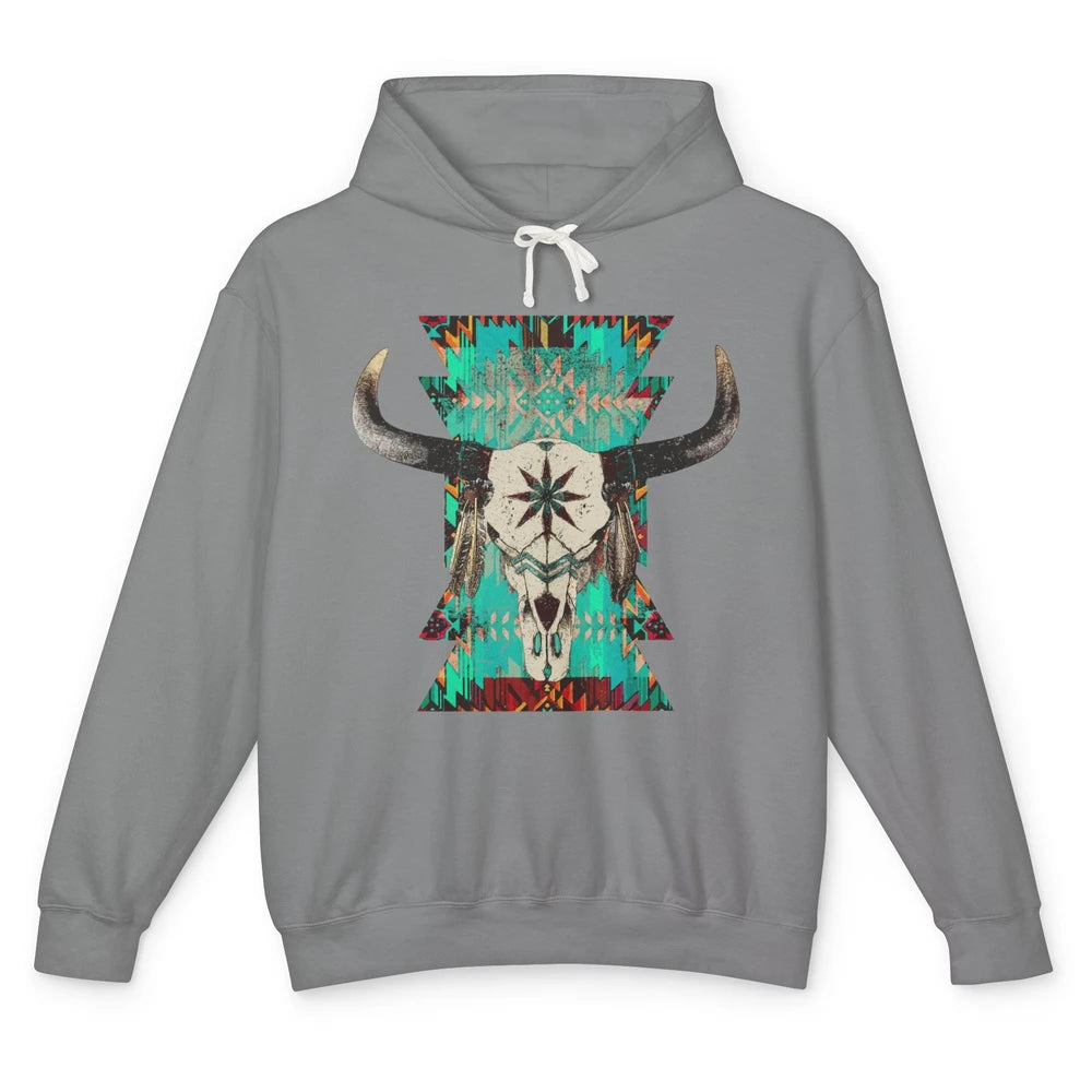 Boho Bull Skull Turquoise Aztec Western Country Rodeo Cowboy Unisex Lightweight Hoodie