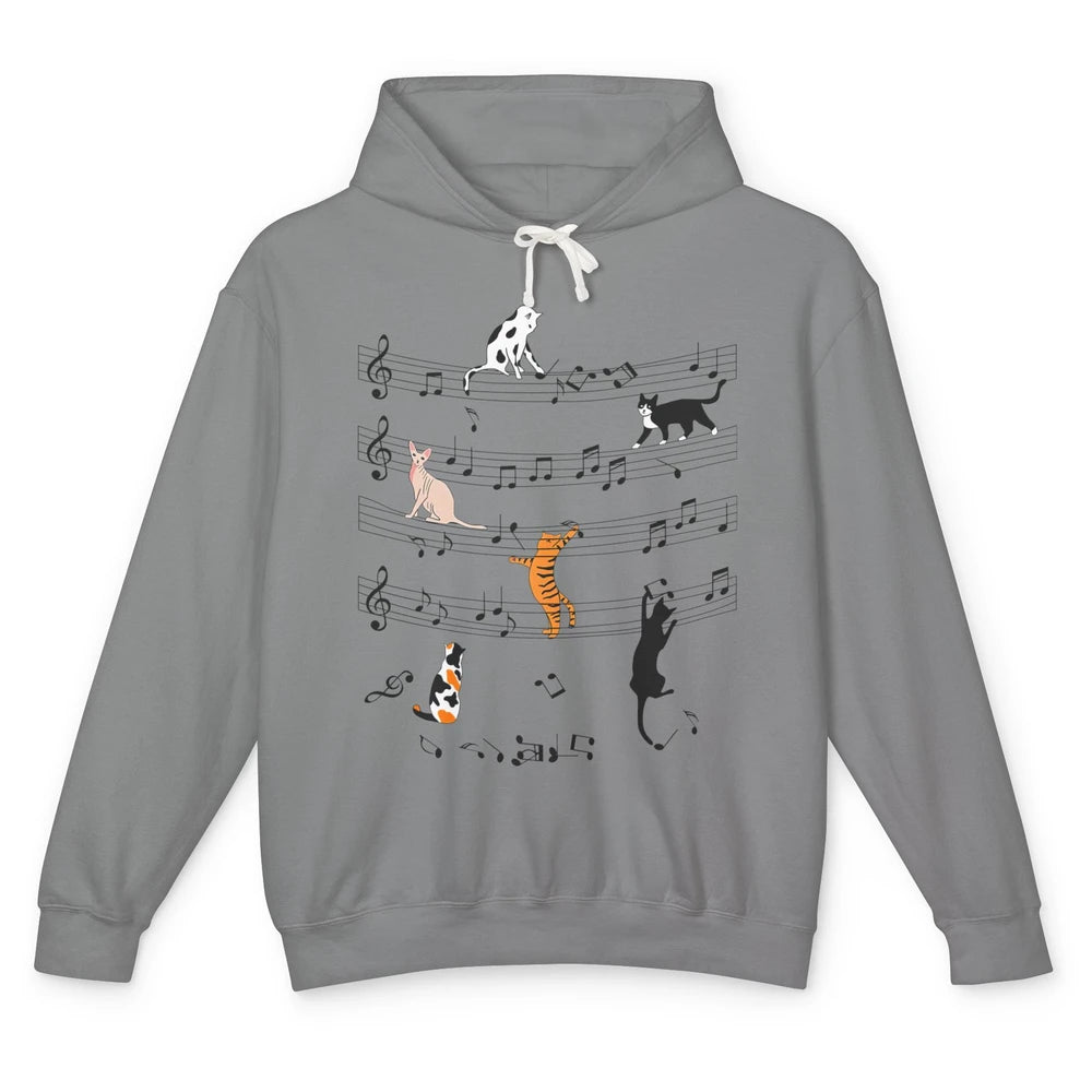 Cat On Music Sheets Cute Music Notes Funny Cat Musician Unisex Lightweight Hoodie