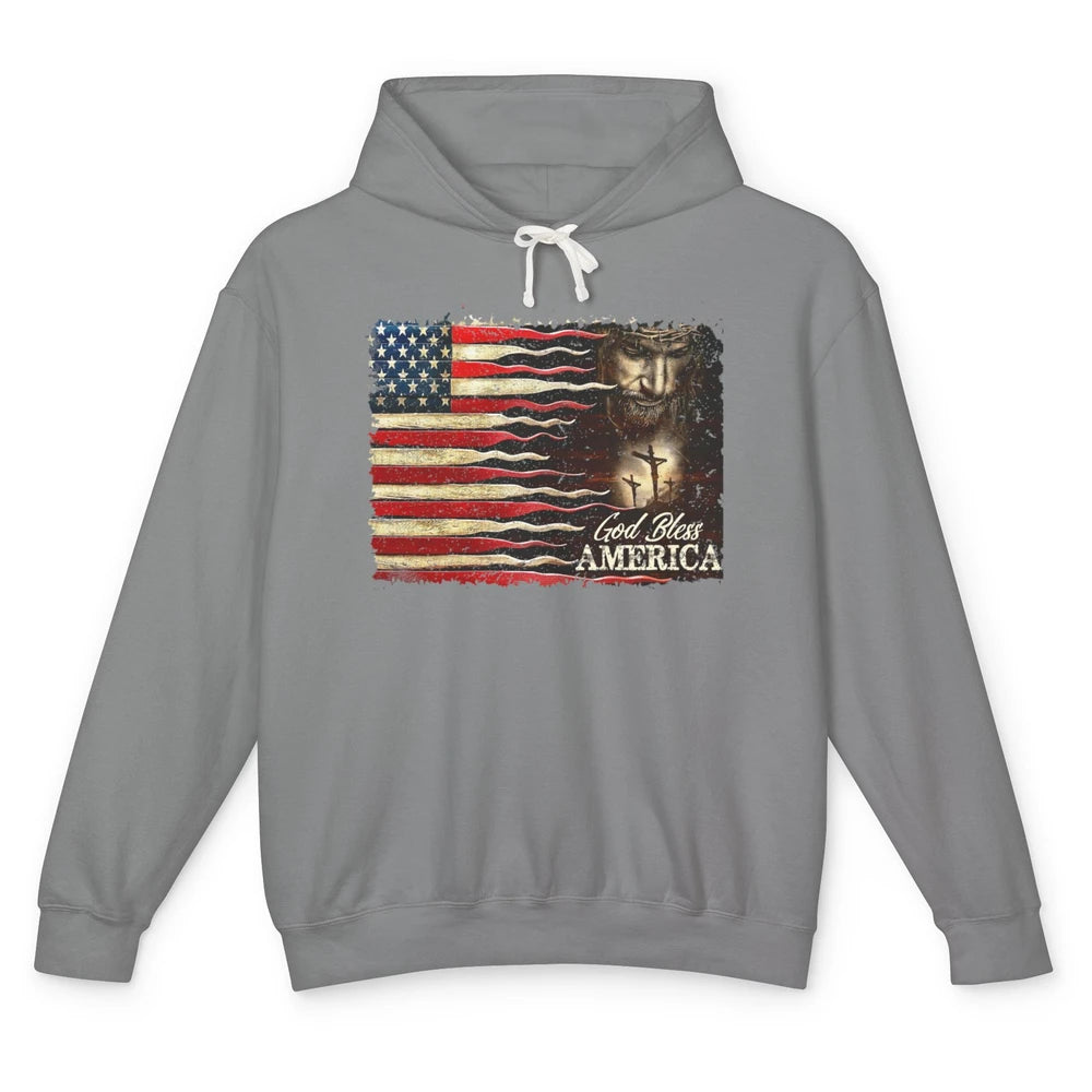 Retro US Flag Jesus Cross God Bless America Patriot July 4th Unisex Lightweight Hoodie