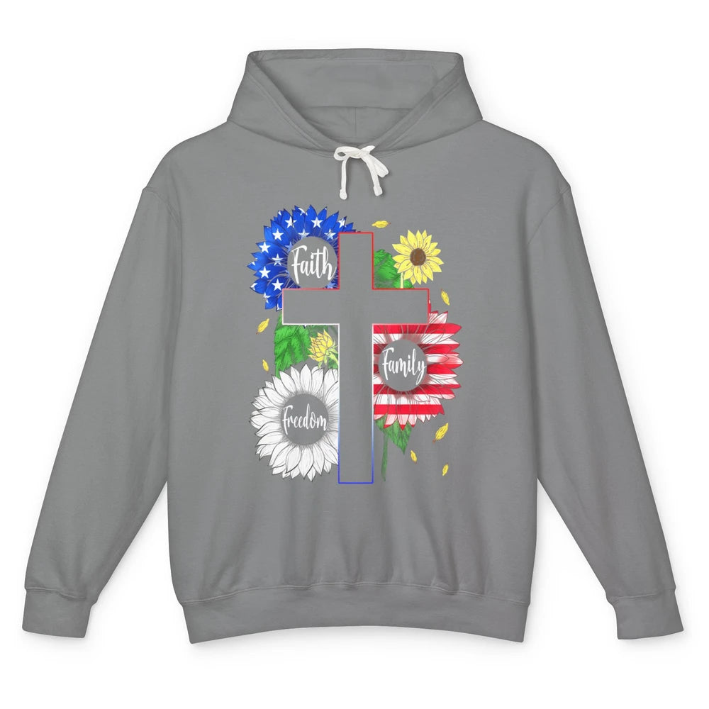 4th July American Flag Cross Faith Family Freedom Christian Unisex Lightweight Hoodie