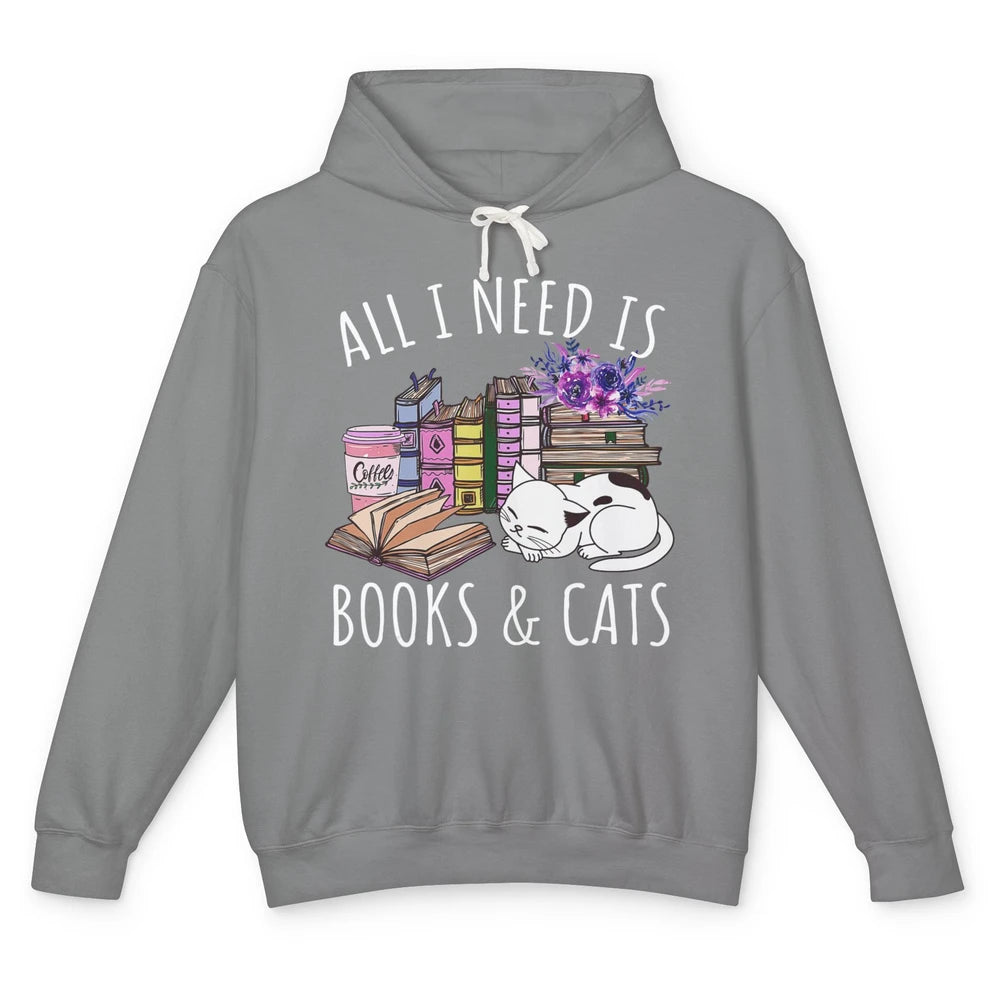 All I Need Is Books And Cats Floral Coffee Bookish Reading Unisex Lightweight Hoodie