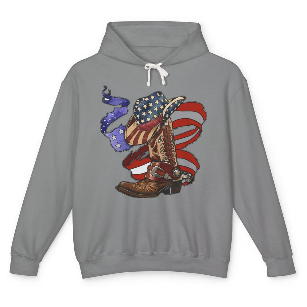 US Flag Cowboy Boots Hat Patriotic Cowboy July 4th Western Unisex Lightweight Hoodie