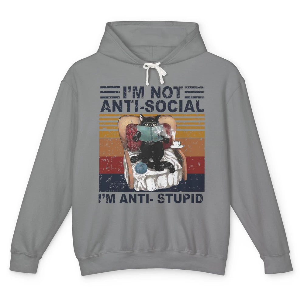 Retro Cat Reading I'm Not Anti-Social I'm Anti-Stupid Book Unisex Lightweight Hoodie