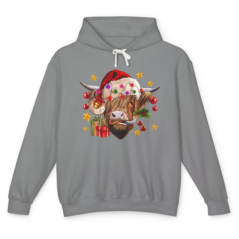 Highland Cow Joy Santa Hat Christmas Ornament Western Farm Unisex Lightweight Hoodie