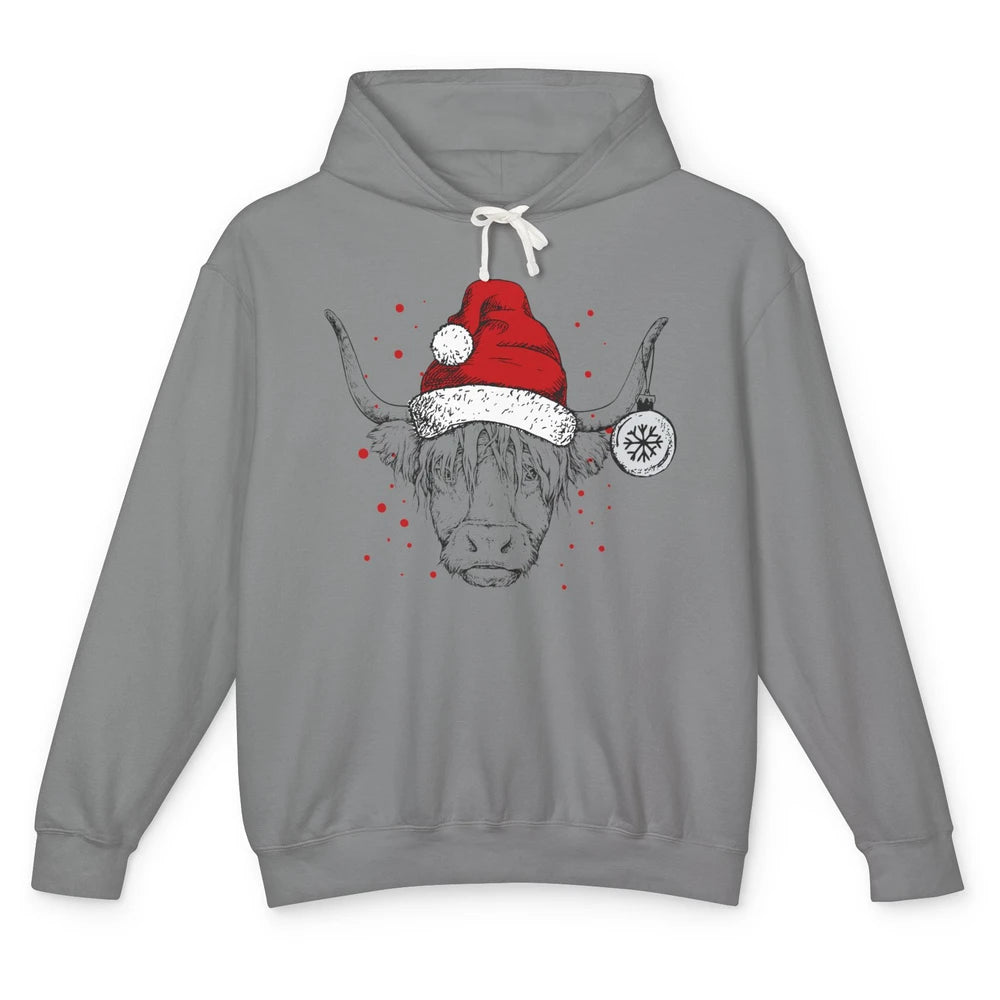 Cute Highland Cow Christmas With Santa Hat Western Xmas Cow Unisex Lightweight Hoodie