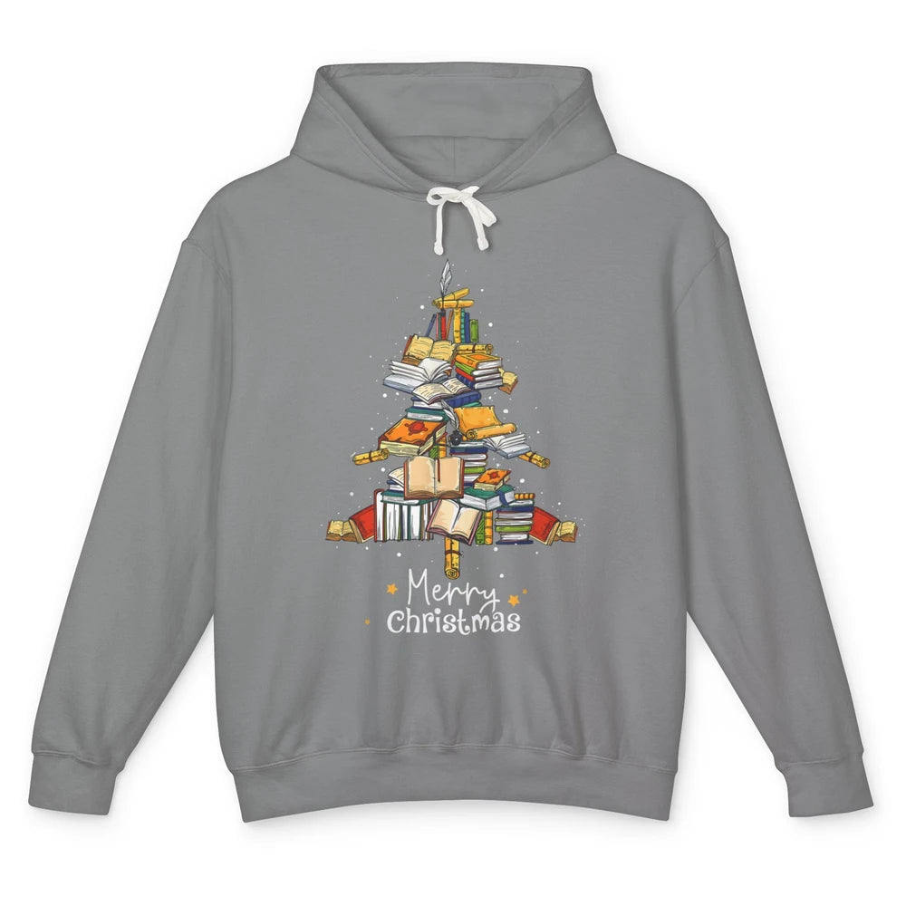 Merry Christmas Tree Reading Books Librarian Xmas Lighting Unisex Lightweight Hoodie