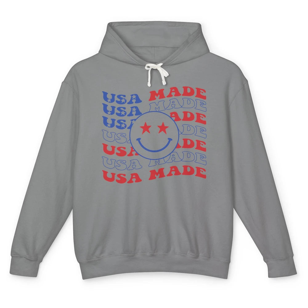 US Flag America Made Smiley Face July 4th American Patriots Unisex Lightweight Hoodie