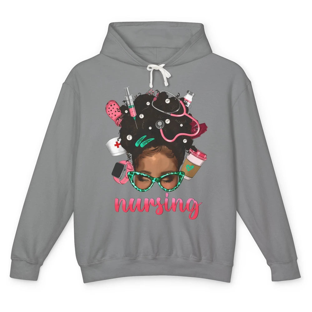 Afro Black Woman Nurse Life Nursing Therapist Messy Hair Bun Unisex Lightweight Hoodie