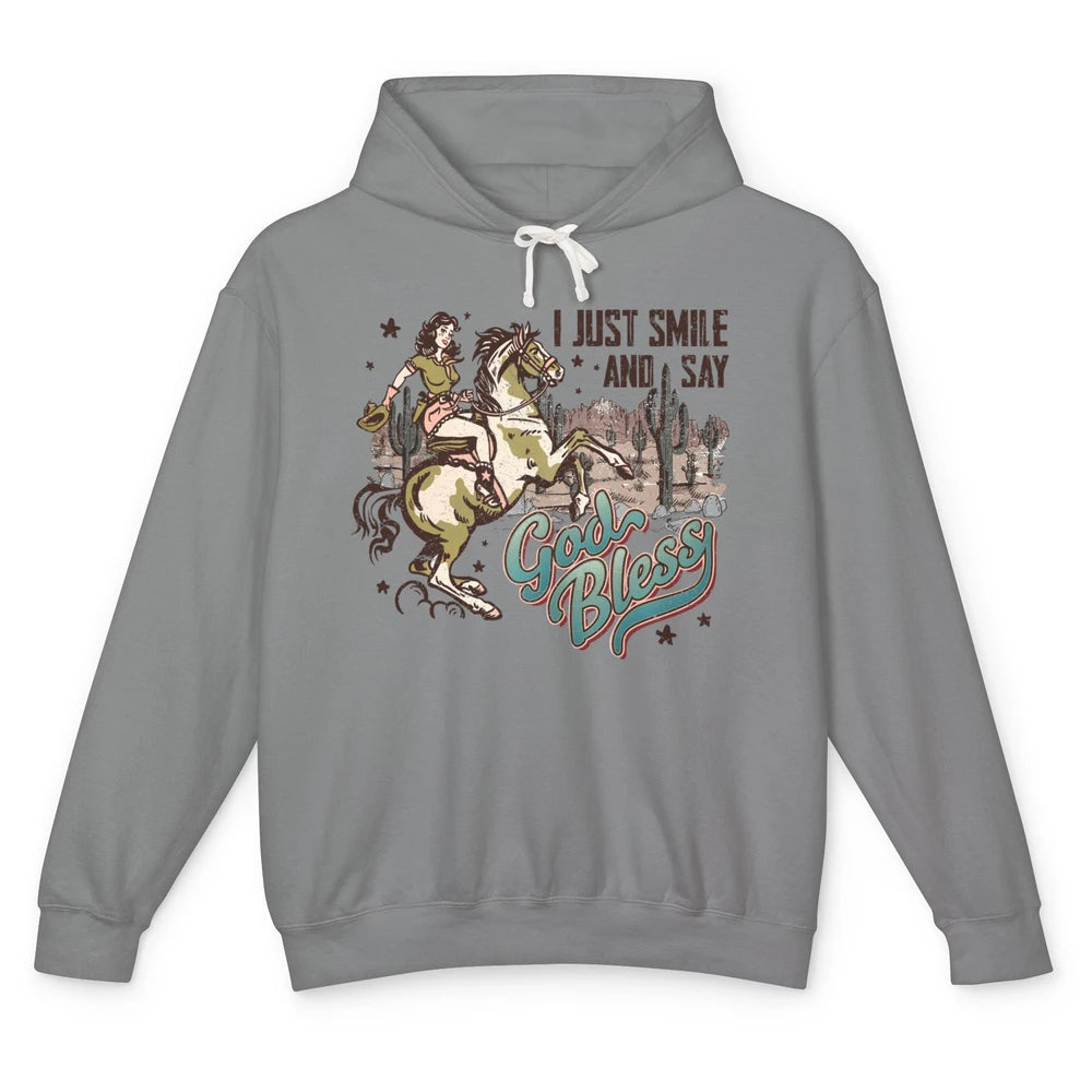 Retro Cowgirl Horsing I Just Smile And Say God Bless Western Unisex Lightweight Hoodie