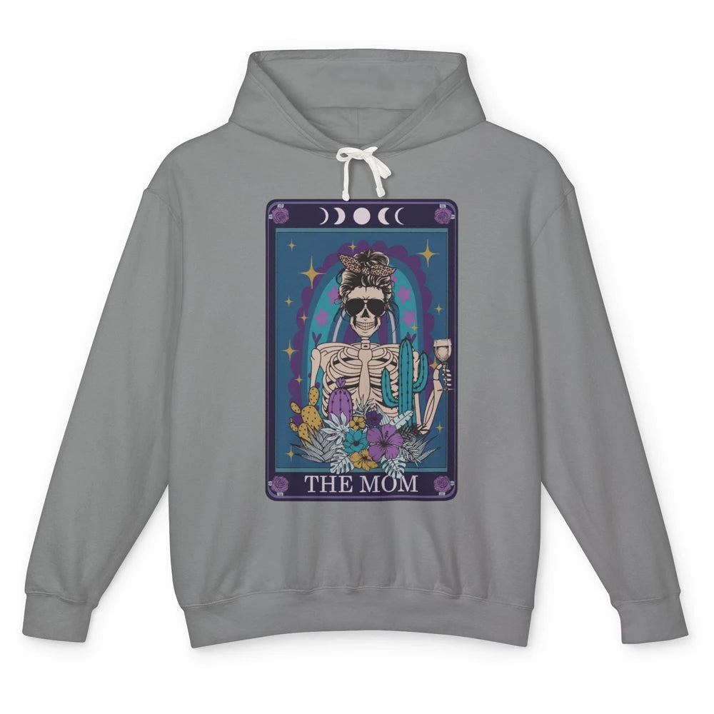 Skeleton Skull Messy Bun Mom Tarot Card The Mom Halloween Unisex Lightweight Hoodie