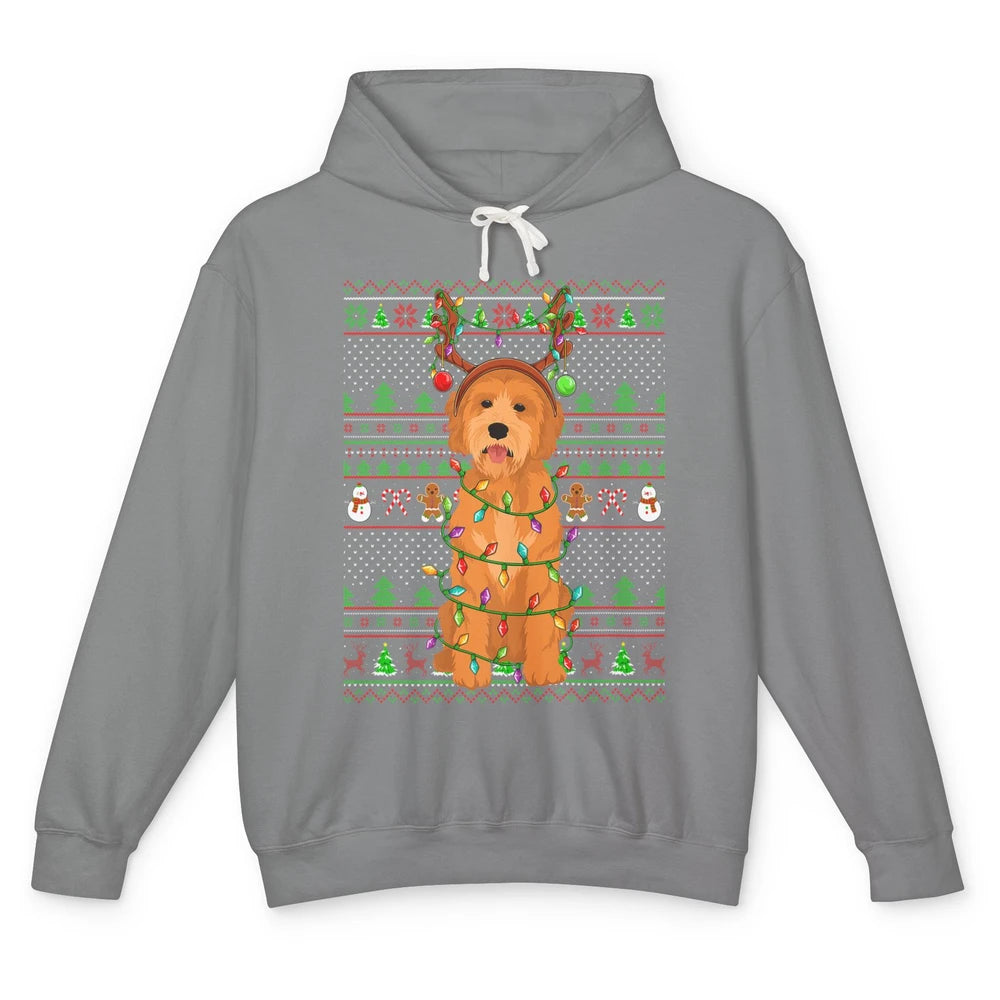 Merry Christmas Golden Doodle Dog Reindeer Xmas Lights Ugly Unisex Lightweight Hoodie