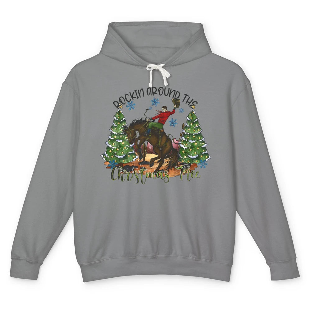 Funny Cowboy Horsing Rocking Around Christmas Tree Western Unisex Lightweight Hoodie