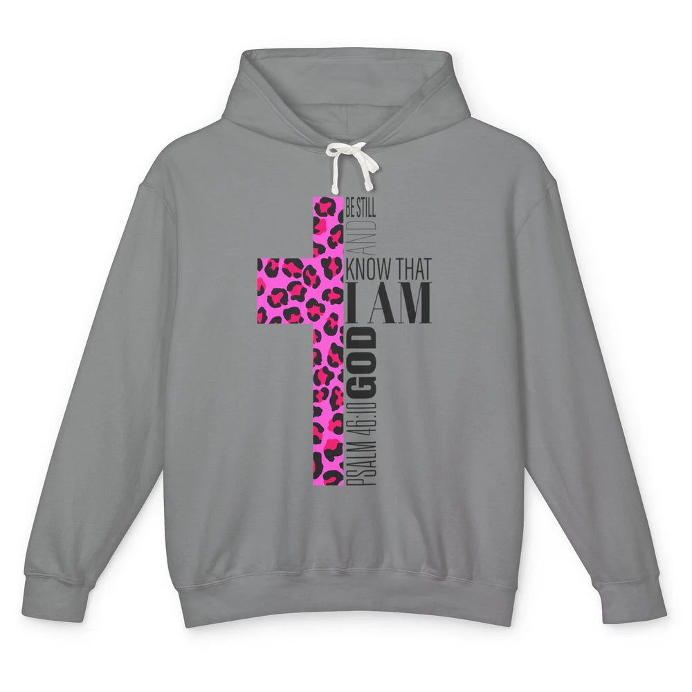 Religious Cute Be Still Bible Christian Pink Cheetah Cross Unisex Lightweight Hoodie