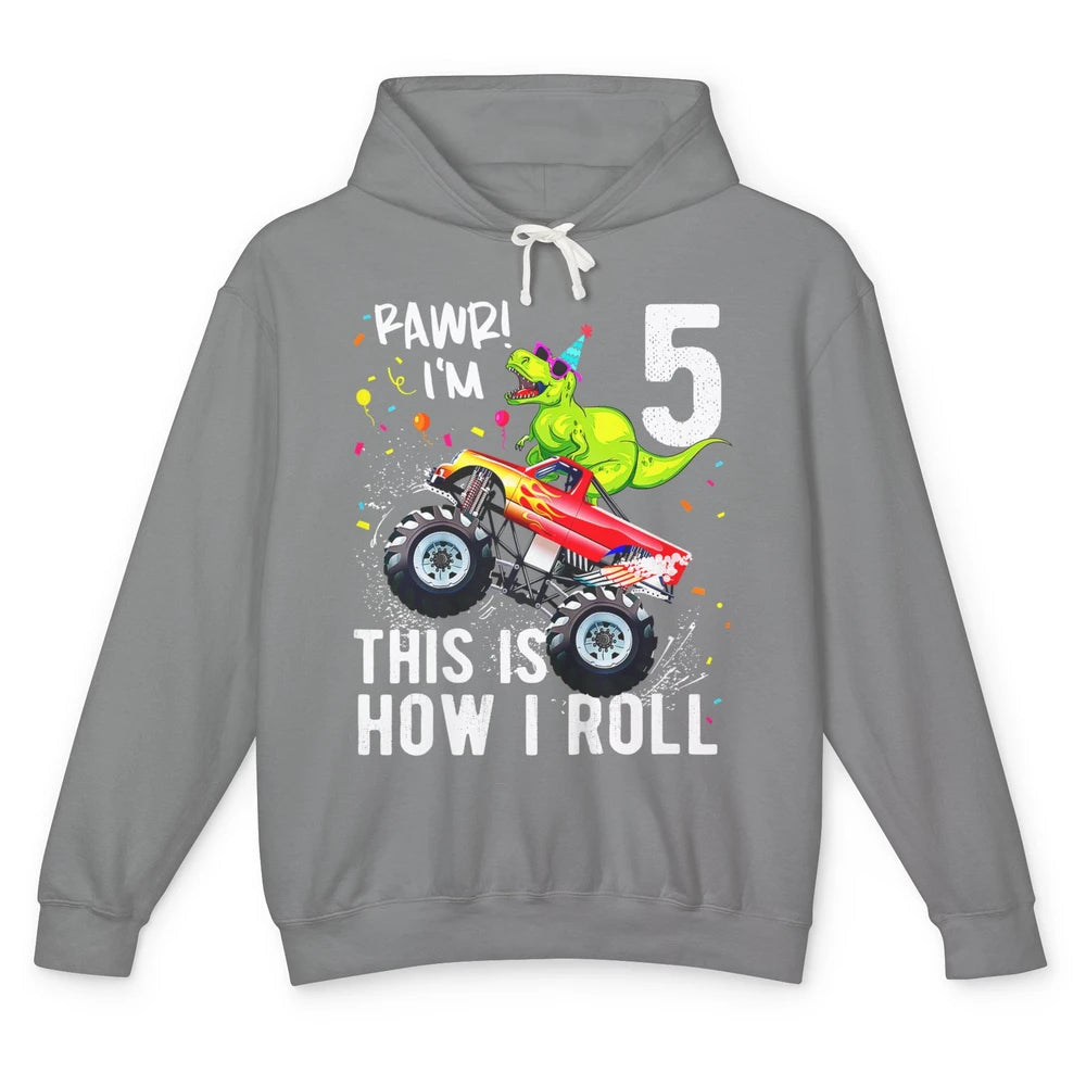 Funny T Rex Dinosaur Monster Truck Happy 5 Birthday Boy Rawr Unisex Lightweight Hoodie