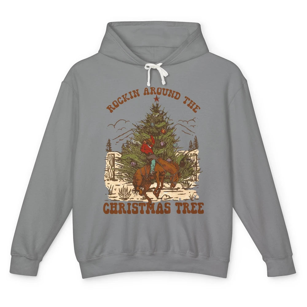 Funny Cowboy Horsing Rocking Around Christmas Tree Western Unisex Lightweight Hoodie