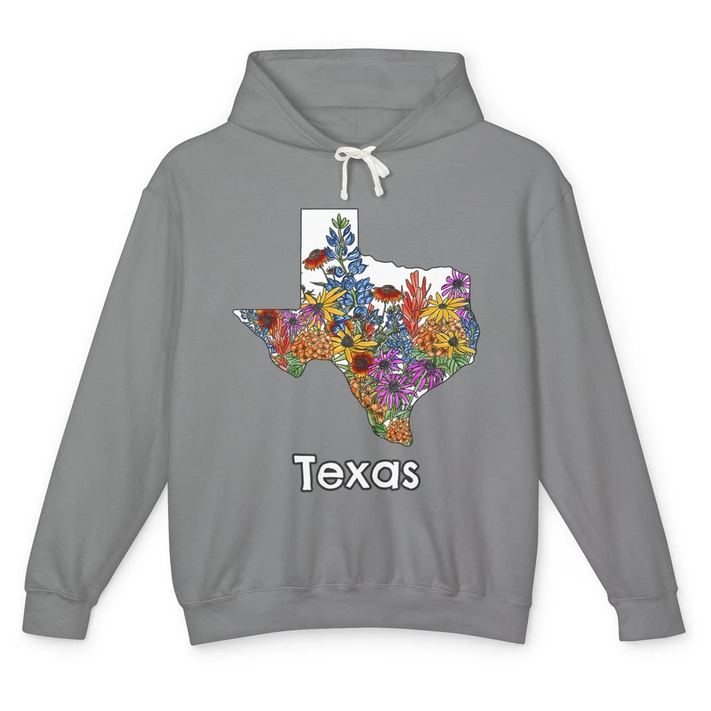 Texas Map Pride Wildflower Western Country Bluebonnet Flower Unisex Lightweight Hoodie