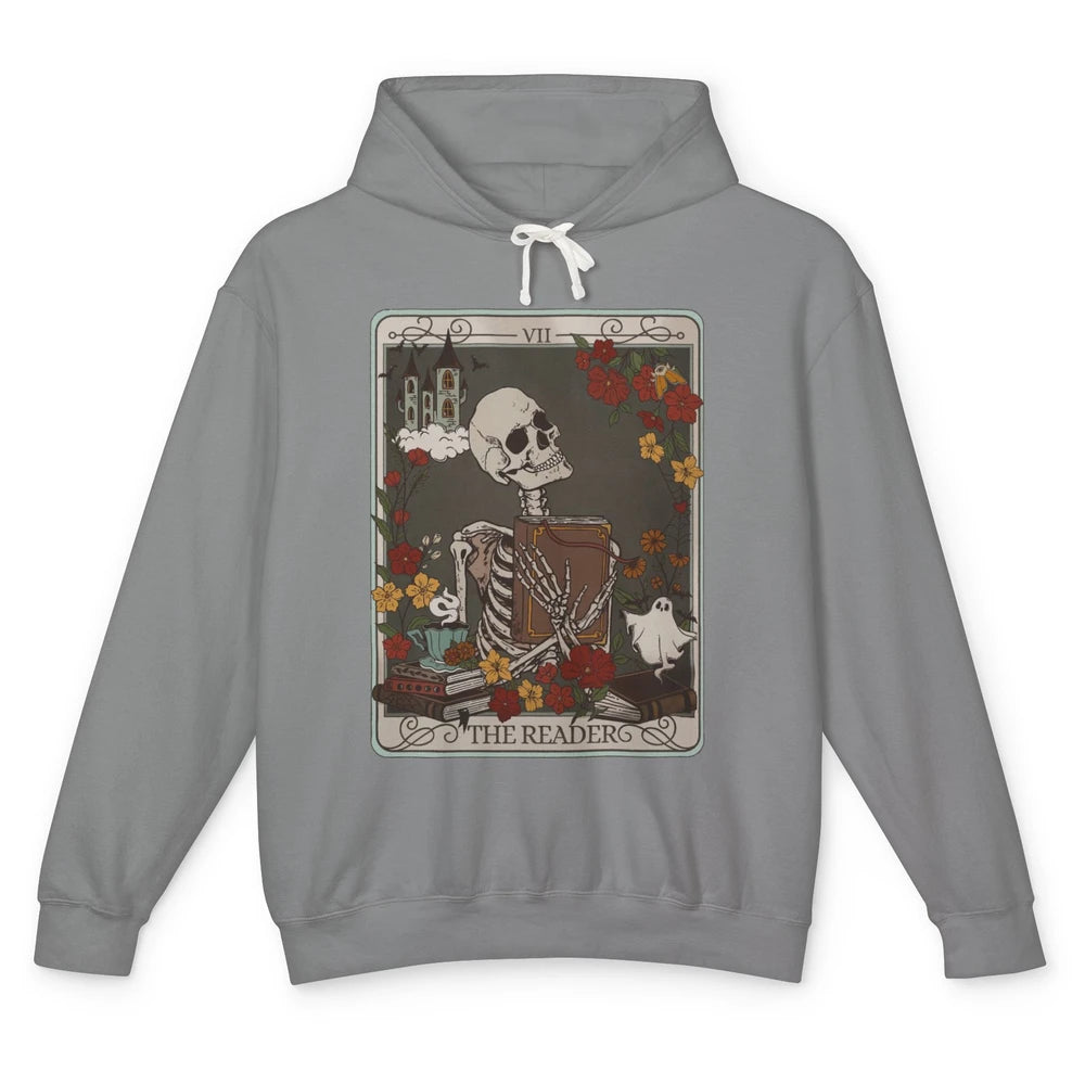 Retro Skeleton Reading Books The Reader Tarot Card Halloween Unisex Lightweight Hoodie