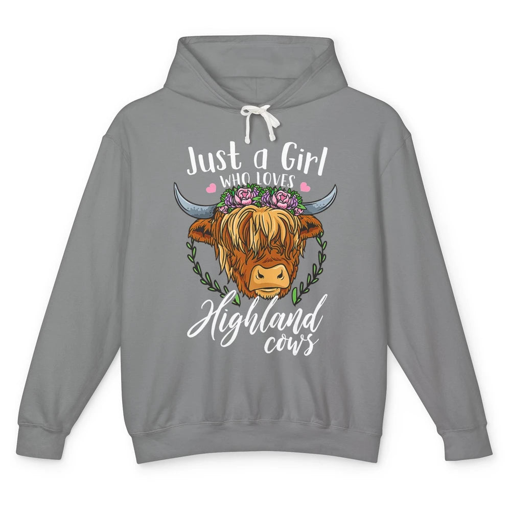 Vintage Just Girl Loves Highland Cow Floral Western Animal Unisex Lightweight Hoodie