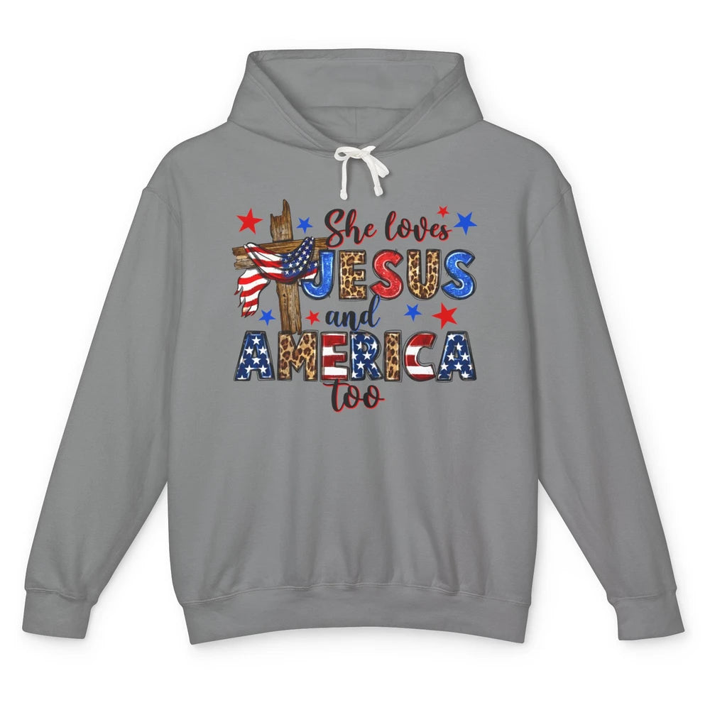 She Loves Jesus And America Too Leopard USA Flag 4th Of July Unisex Lightweight Hoodie