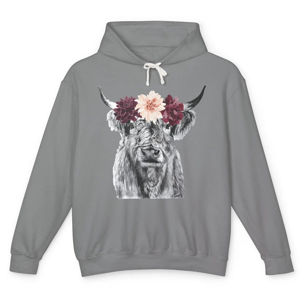 Heifer Highland Cow Flowers Farm Life Animal Floral Retro Unisex Lightweight Hoodie