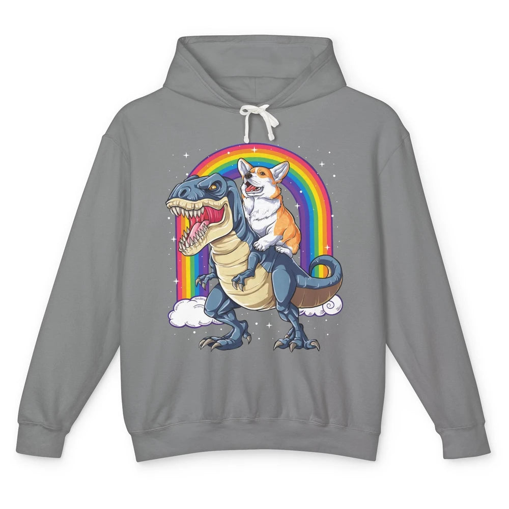 Funny Corgi Ride Dinosaur T Rex Cute Welsh Dog Pet Rainbow Unisex Lightweight Hoodie