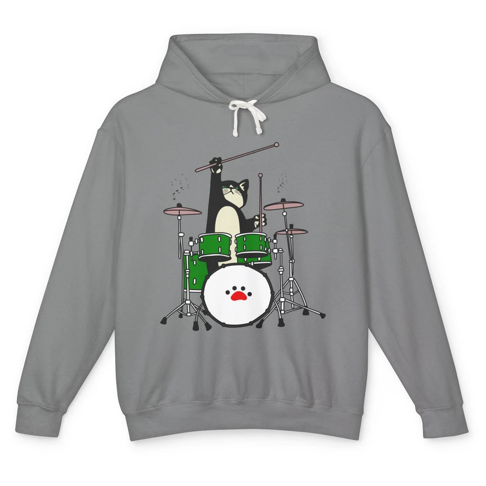 Funny Black Cat Playing Drum Drummer Kitten Musician Song Unisex Lightweight Hoodie