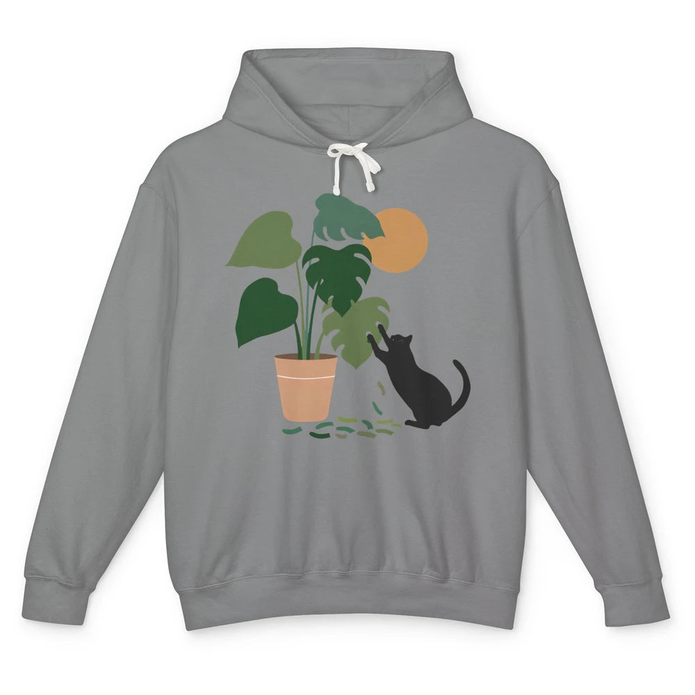 Black Cat And Plant The Making Of Monstera Garden Cat Lovers Unisex Lightweight Hoodie