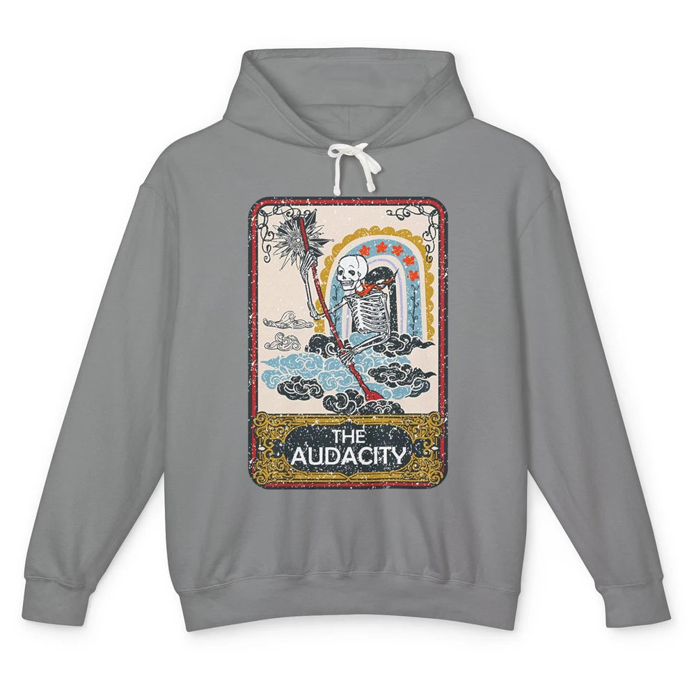 Retro Skeleton Riding Clouds Rainbow The Audacity Tarot Card Unisex Lightweight Hoodie