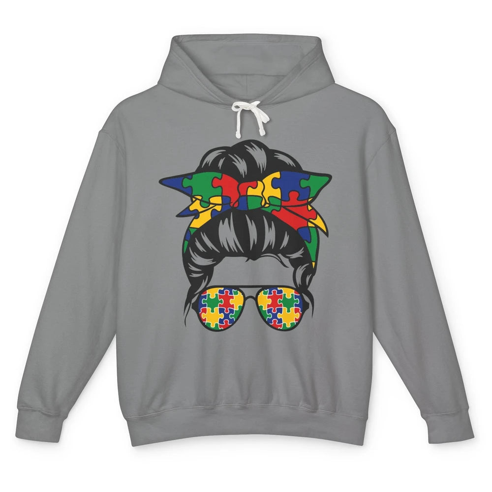 Autism Mom With Bandana Puzzle Autism Ribbon Support Autism Unisex Lightweight Hoodie