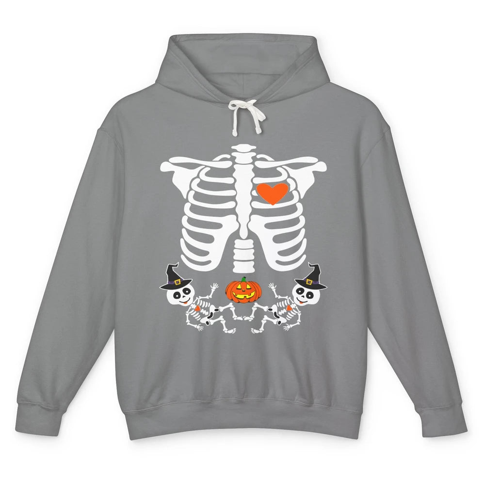 Pregnant Halloween Skeleton Baby Twins Witch Pumpkin Costume Unisex Lightweight Hoodie