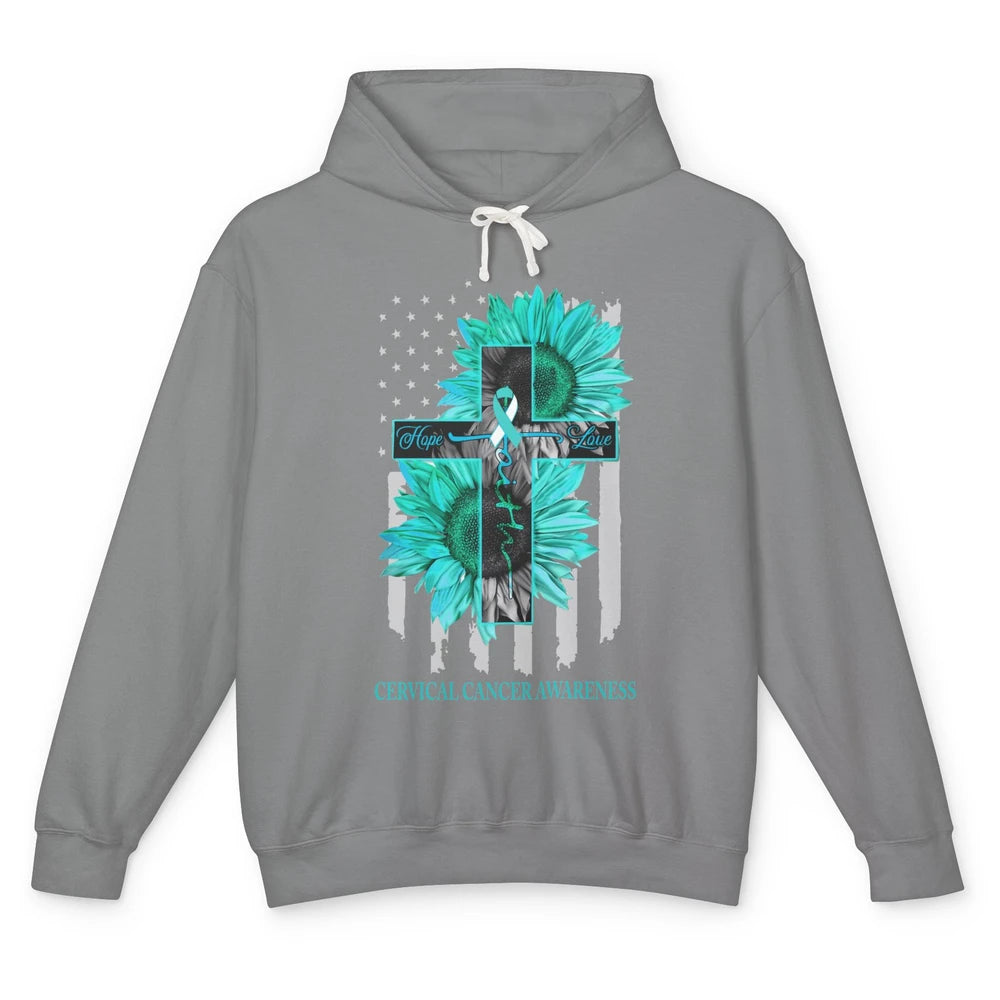 Cervical Cancer Faith Hope Turquoise US Flag Jesus Cross Unisex Lightweight Hoodie