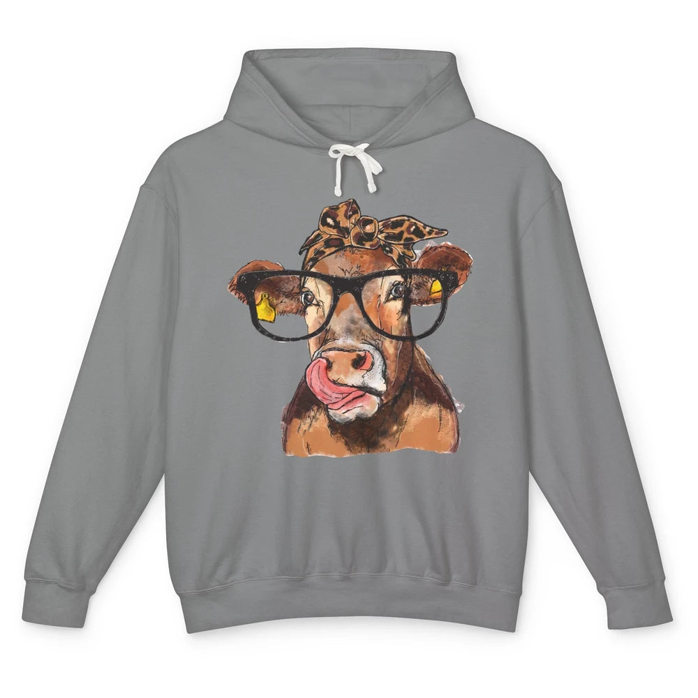 Leopard Bandana Glasses Heifer Lick Funny Cow Cattle Farmers Unisex Lightweight Hoodie