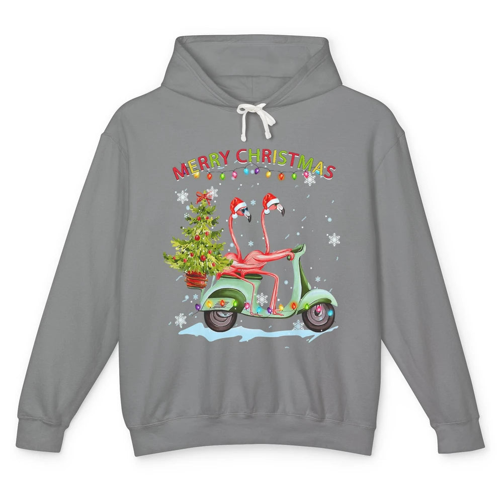 Merry Christmas Flamingos Santa Hat Xmas Lights Motorbike Unisex Lightweight Hoodie