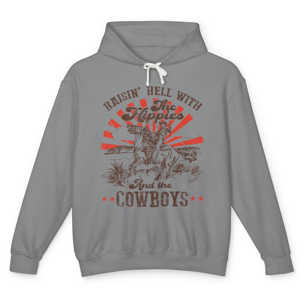 Retro Cowboy Raising Hell With Hippies And Cowboy Western Unisex Lightweight Hoodie