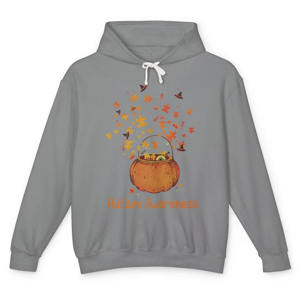 Halloween Autism Awareness Puzzle Piece Pumpkin Fall Unisex Lightweight Hoodie