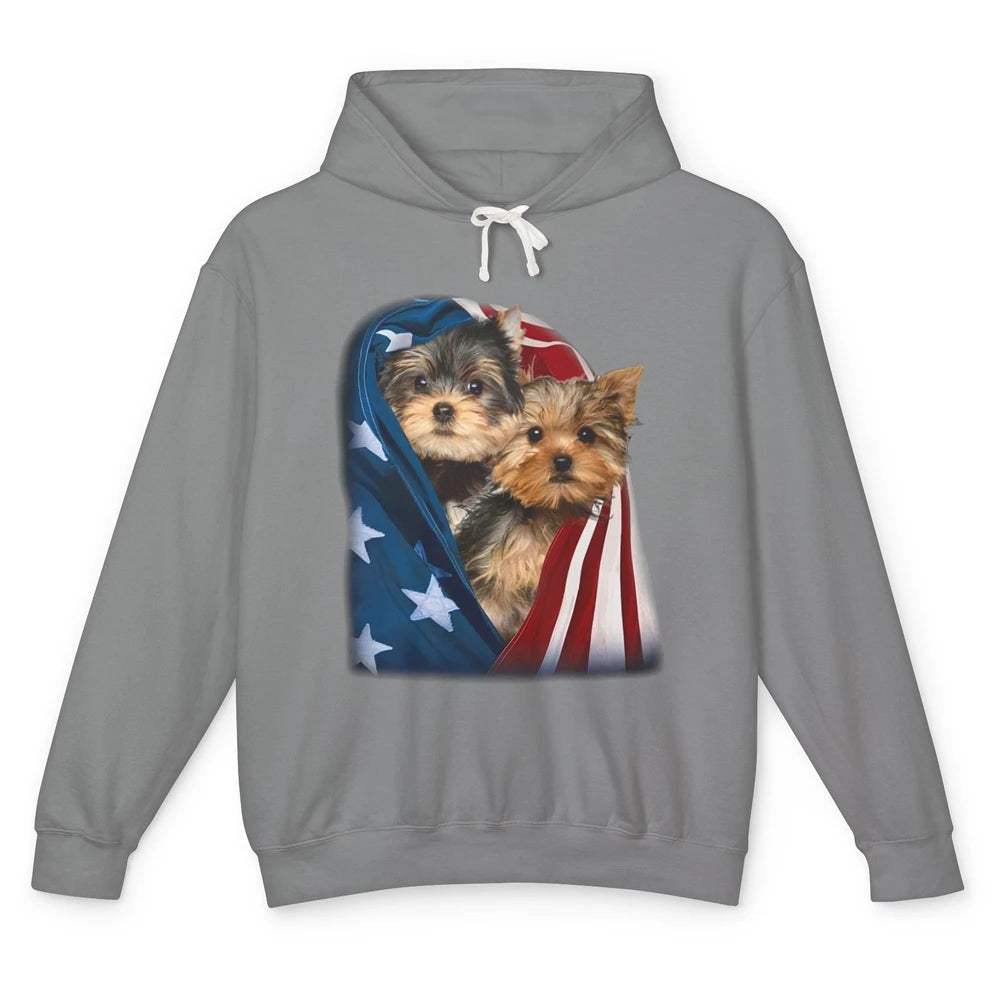 Yorkshire Terrier US Flag July 4th Patriotic Yorkie Puppies Unisex Lightweight Hoodie