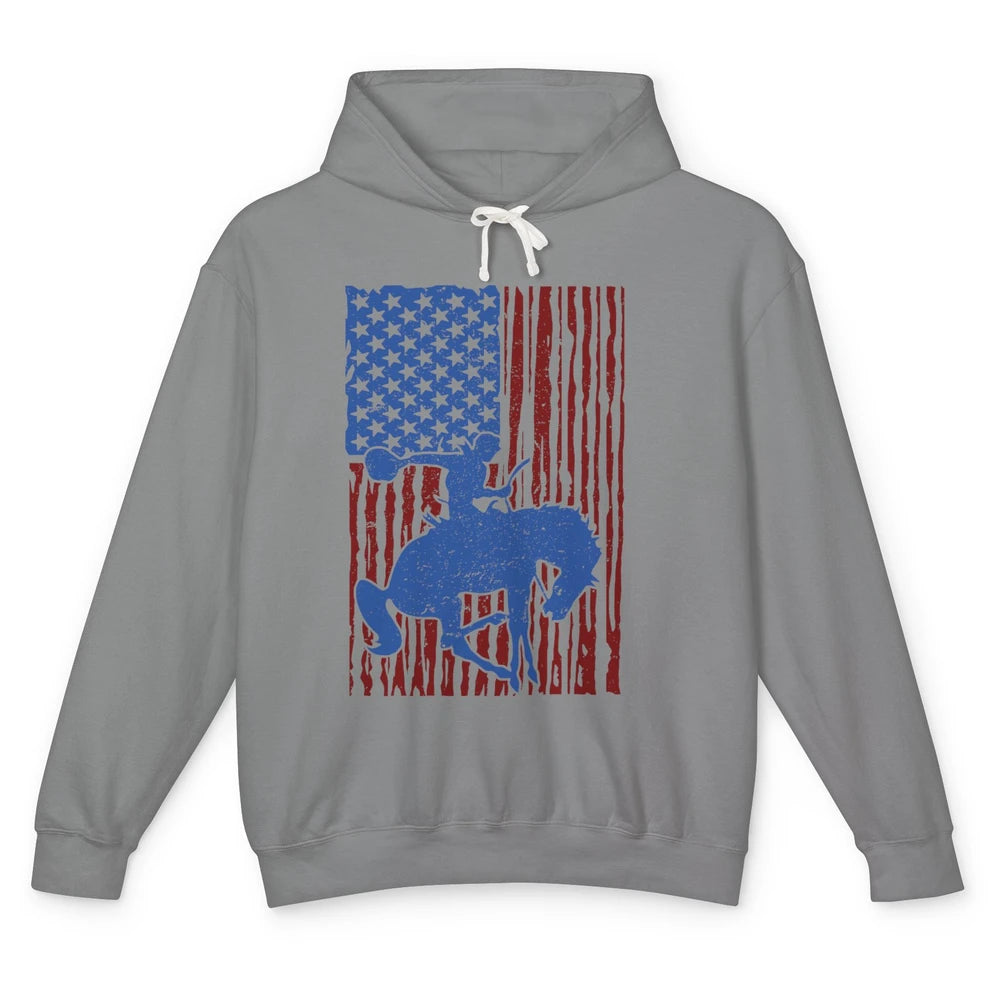 Retro US Flag Cowboy Horsing Rodeo Western July 4th Patriots Unisex Lightweight Hoodie